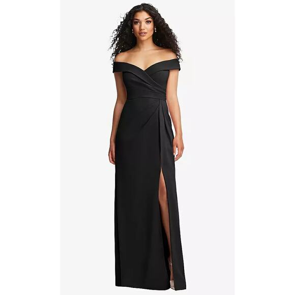 NEW After Six Black Off the Shoulder Pleated‎ Faux Wrap Maxi Dress Holiday Gown - Picture 1 of 10